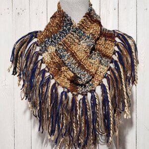 NEW Hand Knitted Boho Cowl Scarf Fringe Blue Brown Beige Hippie Glam Artsy Indie